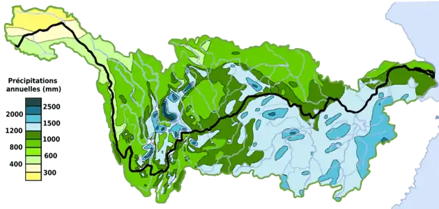 Précipitations annuelles moyennes sur le bassin versant du Yangtsé.