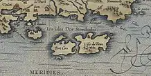 Carte ancienne des îles d'Hyères nommées îles d'Or et Stoechades et de la côte en regard.