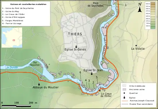 Plan montrant le parcours de la Durolle contournant l'est puis le sud de Thiers et situant les principales usines sur les rives de la rivière