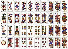 Un jeu de 40 cartes au portrait de Bergame. De haut en bas : bâton, épée, coupe et denier.