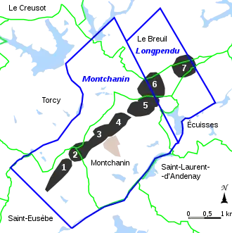 Carte localisant les travaux miniers, les limites communales et les concessions.