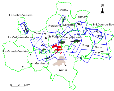 Ce plan présente les concessions du gisement de schiste d'Autun avec la zone exploité par la mine des Télots en rouge.