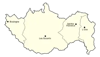 Carte présentant le territoire municipal d’Essarts en Bocage scindé par les frontières des anciennes communes