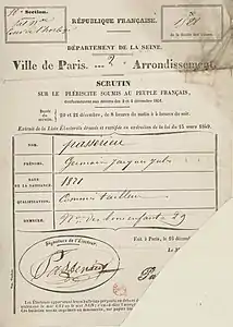 Carte d'électeur pour le scrutin sur le plébiscite soumis au peuple français conformément aux décrets des 2 et 4 décembre 1851, délivrée à Paris à Germain Jacques-Jules Passérieu, commis tailleur (2e arrondissement).