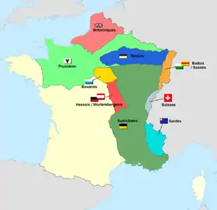 carte représentant les zones d'occupations du nord et de l'est de la France