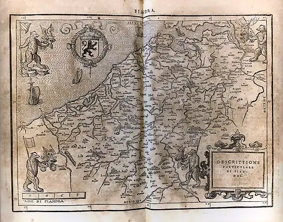 Carte de Flandre en 1567 par Francesco Guicciardini, Descrittione di tutti in Paesi Bassi, Anversa, presso Guglielmo Silvio.