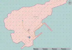 Carte montrant la partie sud de l'île. On voit l'emplacement d'un phare et d'un héliport. NR montre que la région est une réserve naturelle.