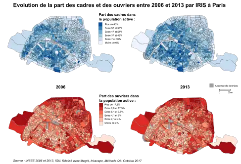 Carte de l'évolution de la part des ouvriers et des cadres par IRIS à Paris en 2006 et 2013