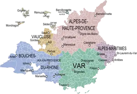 La province de Provence dans ses limites du XVIIIe siècle avec un fond cartographique des communes et des départements actuels.