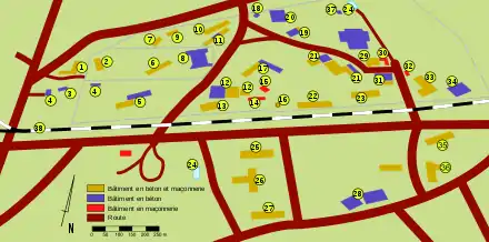 Plan de masse en couleurs du site de la Wolfsschanze, reprenant l'emplacement des bâtiments