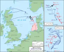 Carte des manœuvres Britanniques fin mai 1916, lors de la bataille du Jutland.