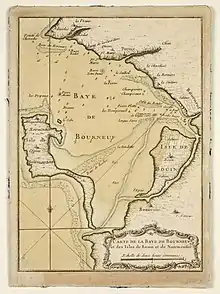 Ancienne carte représentant la baie de Bourgneuf, avec l'île de Noirmoutier à gauche et l'île de Bouin à droite, près de la côte.