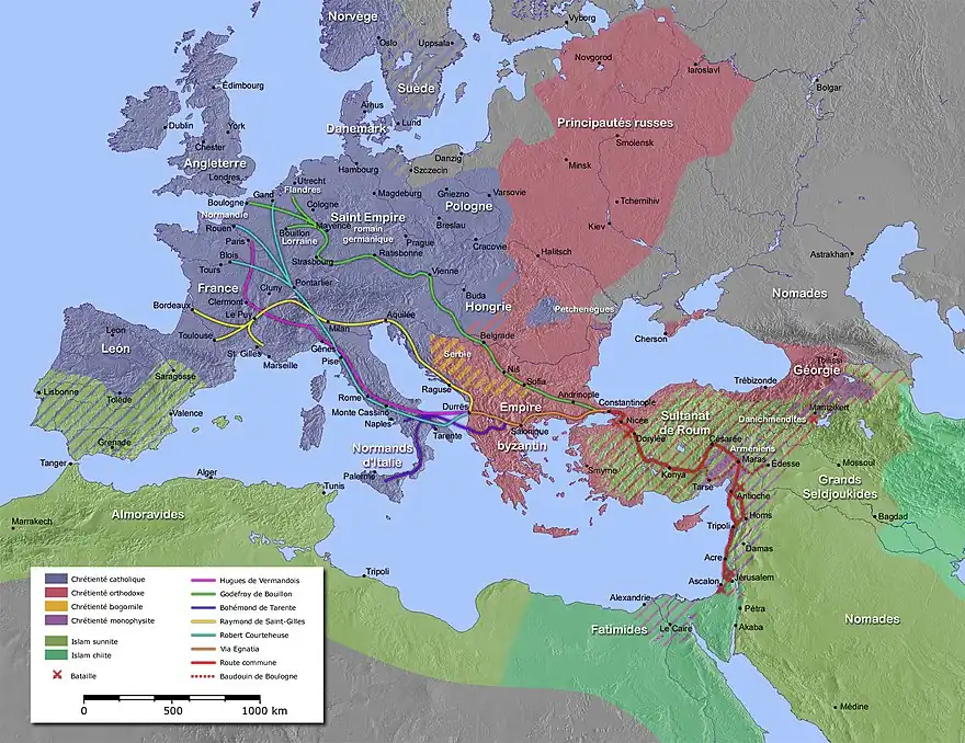 Carte représentant le parcours des différentes armées de la Première Croisade.