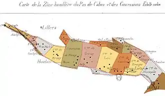 Carte ancienne recolorisée dans des tons pastels, et montrant les différentes concessions attribuées dans le bassin du Pas-de-Calais hors Boulonnais. La carte d'origine est en noir et blanc et date de 1877.