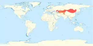 Carte mondiale montrant en rouge l'aire d'élevage du Chameau de Bactriane qui s'étend de la Turquie à la Chine.