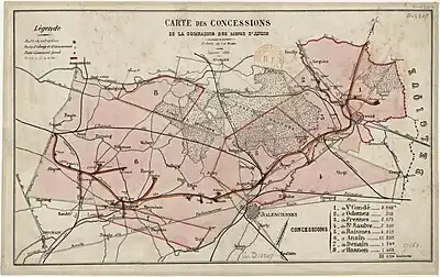 Carte colorisée dans des tons de beige et de rouge datant de février 1883 et montrant les différentes concessions appartenant à la Compagnie des mines d'Anzin, ainsi que les principales fosses et le réseau ferroviaire.