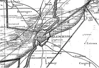 Saint-Saulve sur la carte des concessions des Compagnies des mines d'Anzin et de Marly, v. 1860-1880.