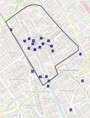 Carte des monuments historiques de Delft.