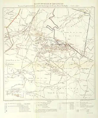 Carte des puits du bassin du Boulonnais provenant de l'ouvrages d'Albert Olry de 1904. Cette carte recense une grande majorité des fosses de ce bassin.