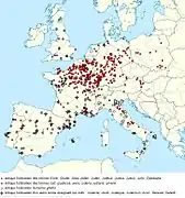 Carte des rues des Juifs (ou équivalents) dans divers pays européens.