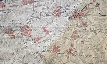 Carte montrant les destructions de Villeret lors de la guerre 1914-1918.