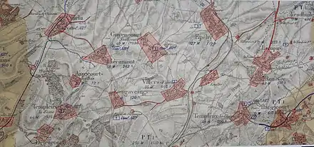Carte montrant l'étendue des destructions d'Eudicourt lors de la guerre 14-18.