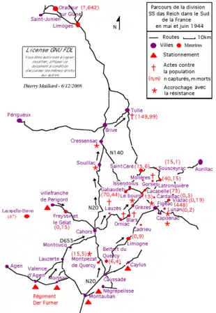 Carte en couleurs du parcours de la 2e SS-Panzer-Division Das Reich en mai et juin 1944