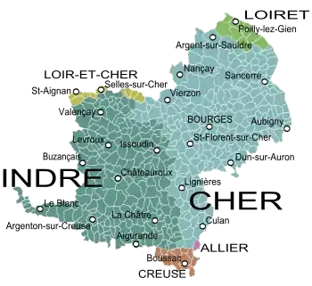 La carte de l'ancienne province du Berry et des communes et départements actuels.