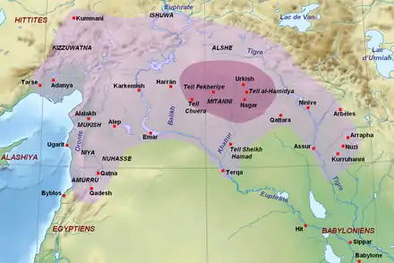 Le royaume du Mittani à son apogée dans la première moitié du XVe siècle av. J.-C.