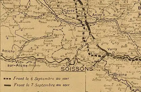 Carte du front les 6 et 7 septembre 1918 montrant la progression des troupes françaises dans le secteur nord de Soissons. Berzy est alors en dehors du front
