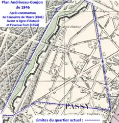 Le quartier en 1846 après construction des fortifications avant la ligne d'Auteuil.