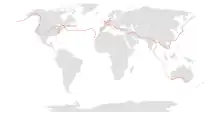 Carte mondial montrant le parcours, en rouge, du voyage.