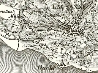 zoom sur la partie comprenant Ouchy et Lausanne sur une carte Dufour