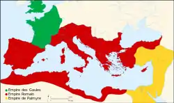 Carte de l'Empire romain en 271 avec figuration de l'Empire des Gaules.