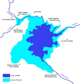 Carte représentant graphiquement les extensions minimales et maximales de l'eau du lac