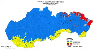 Carte des municipalités de Slovaquie selon leur langue majoritaire.