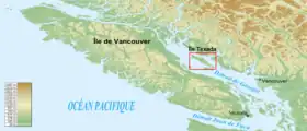 Localisation de l'île Texada sur une carte du sud-ouest de la Colombie-Britannique au Canada