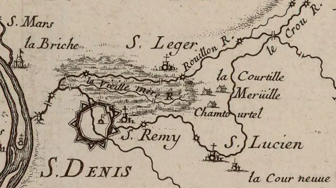 Carte particulière des environs de Paris, Académie royale des sciences en l'année 1674 ; gravée par F. de la Pointe