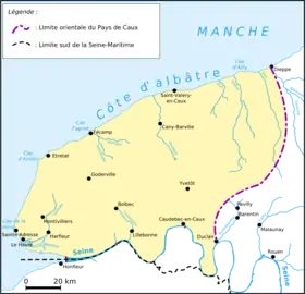 Carte de situation du pays de Caux (en jaune) et de sa côte d'Albâtre.