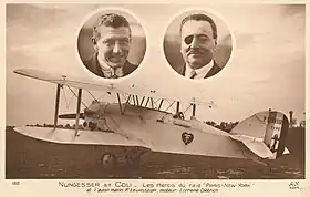 Carte postale de l’Oiseau blanc de 1927, avec des photos de Nungesser (à gauche) et Coli (à droite)