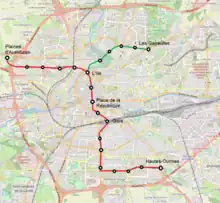 Le tracé proposé en 1988 par Matra (en rouge) très proche de la ligne A actuelle, avec une extension sous forme de branche (en vert) vers les Gayeulles.
