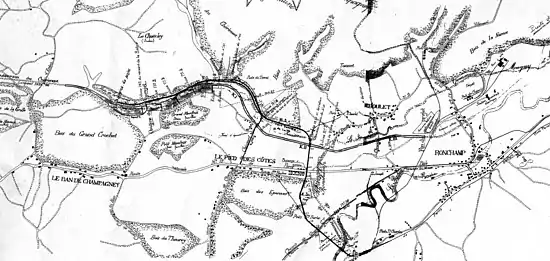 Plan montrant le réseau de voies ferrées entre les puits de Ronchamp et le passage du canal.