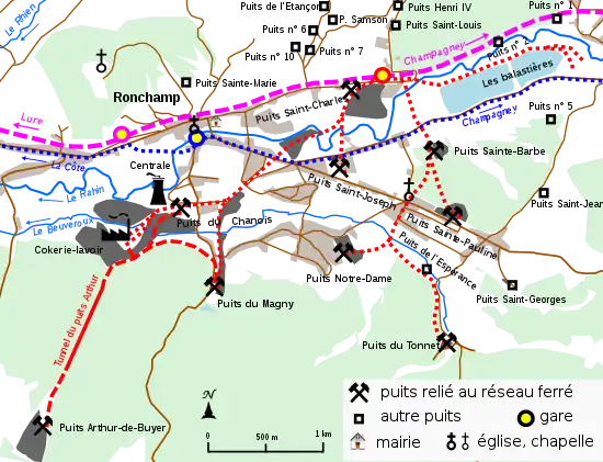 Plan montrant le réseau de voies ferrées entre les puits.