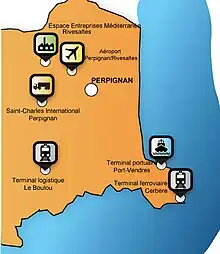 Carte représentant les pôles logistique de la Plateforme Muldimodale Pyrénées Méditerranée MP²