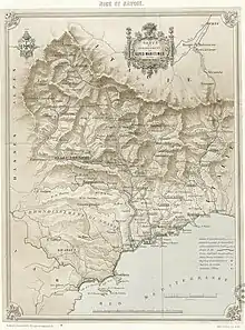 Une carte des Alpes-Maritimes après leur rattachement à la France en 1860, par le lithographe Félix Benoist.