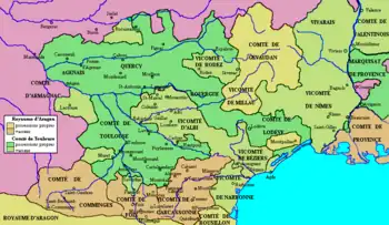 Couronne d'Aragon et son allié le comté de Toulouse, ainsi que leurs vassaux en 1209.