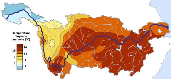 Températures annuelles moyennes sur le bassin versant du Yangtsé.
