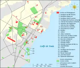Carte avec les différents sites de Carthage qui sont visitables dans la ville contemporaine