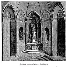 Gravure de l'intérieur d'un édifice religieux avec une statue de roi sur un piédestal.