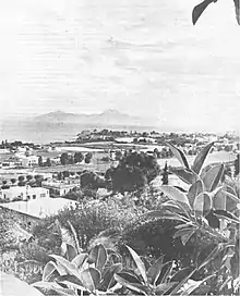 Photo en noir et blanc de Carthage et du golfe de Tunis. La photo est prise depuis une position en hauteur. Au premier plan on voit des agaves, au second plan des maisons et leurs toits, à l'arrière plan la mer et la silhouette d'une montagne.